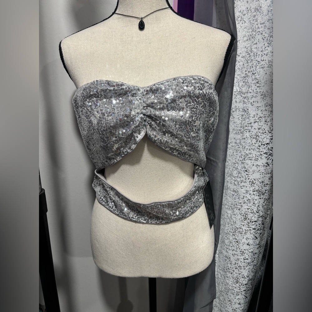 SHEIN Silver Sequin Strapless Top